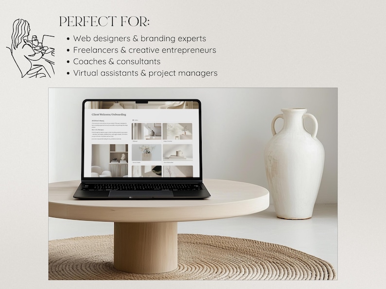 May include: A laptop computer with a white background showing a website with the text "Client Welcome & Onboarding". The laptop is on a light wood table with a white vase on the right side of the table.