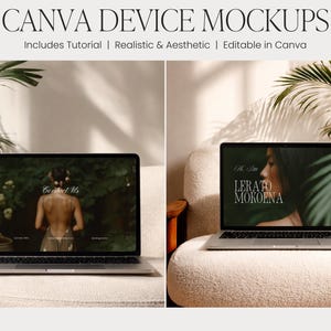 May include: Two laptops displaying mockups. The text "CANVA DEVICE MOCKUPS" is at the top. The laptops are on a cream-colored sofa. The screen on the left says "Contact Us". The screen on the right says "LERATO MOKOENA".