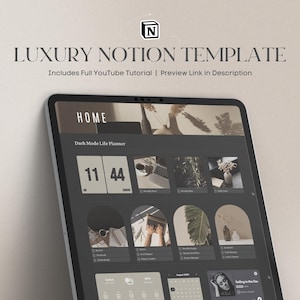 May include: A screenshot of a tablet displaying a dark mode Notion template with the text "HOME" and "Dark Mode Life Planner". The template includes a calendar, a to-do list, and other features.
