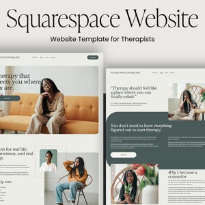 Könnte beinhalten: Eine Squarespace-Website-Vorlage für Therapeuten. Das Design zeigt zwei Website-Mockups mit Bildern von Personen, Text und einer Blattgrafik. Der Text enthält "Therapy that meets you where you are" und "Therapy should feel like a place where you can finally exhale."