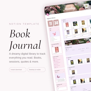 May include: A Notion template for a digital book journal featuring a light purple interface with sections for a library, reading sessions, favourites, and quotes. The layout includes butterfly graphics, book cover thumbnails, and text labels.