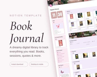 Notion Book Journal Template | Digital Reading Tracker | Book Tracker | Reading Journal | Book Log | BookTok & Bookstagram Planner