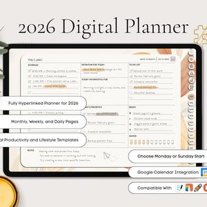 Agenda digital 2026 para iPad, tableta o PC / Diseño minimalista con hipervínculos (PDF)