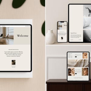 May include: A collection of digital devices displaying a website interface. The devices include a tablet, smartphone, and another tablet, showcasing a clean, modern design with neutral colors and the word "Welcome". The devices are arranged with decorative vases.