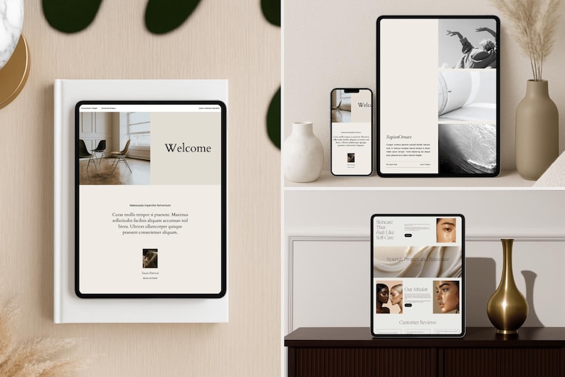 May include: A collection of digital devices displaying a website interface. The devices include a tablet, smartphone, and another tablet, showcasing a clean, modern design with neutral colors and the word "Welcome". The devices are arranged with decorative vases.