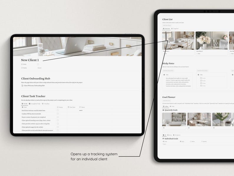 May include: A screenshot of a computer screen showing a client onboarding hub and a client task tracker. The screen is divided into sections with headings like "New Client 1", "Client Onboarding Hub", and "Client Task Tracker". The task tracker includes a list of tasks with checkboxes for completion.