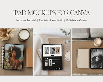 Op de afbeelding: Digitale iPad-mockups voor Canva met drie verschillende scènes met tablets die diverse afbeeldingen weergeven, waaronder een portret, een website-indeling en een zwart-witfoto, naast notitieboekjes en kaarsen.