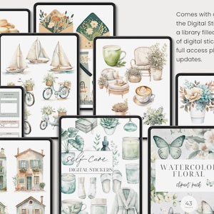 May include: A collection of digital sticker designs displayed on tablets. The designs include watercolor illustrations of sailboats, bicycles, houses, floral arrangements, and self-care items. The text "WATERCOLOR FLORAL" and "Self-Care" are visible.