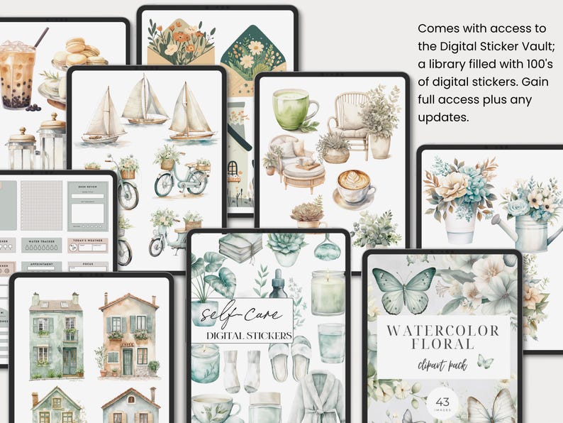 May include: A collection of digital sticker designs displayed on tablets. The designs include watercolor illustrations of sailboats, bicycles, houses, floral arrangements, and self-care items. The text "WATERCOLOR FLORAL" and "Self-Care" are visible.