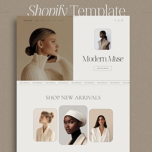 May include: A website homepage for an online clothing store called "Modern Muse". The homepage features a model wearing a white turtleneck sweater and a model wearing a sleeveless top. The text "Shop New Arrivals" is displayed below the images.
