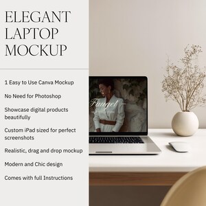 May include: A laptop mockup with the text "ELEGANT LAPTOP MOCKUP" and product details. The laptop screen displays a fashion image. A white mouse and a vase with dried flowers are on the white desk. The mockup is designed for Canva.