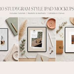 May include: A flat lay featuring ten iPad mockups with black frames, styled with aesthetic elements. The text "10 STUDYGRAM STYLE IPAD MOCKUPS" is visible. Other items include a notebook, pen, and decorative accessories, creating a visually appealing presentation.