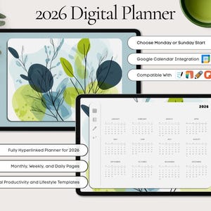 Agenda digital 2026 para iPad, tableta o PC / Diseño minimalista con hipervínculos (PDF)