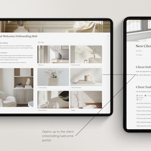 May include: Two screenshots of a computer screen showing a client onboarding hub. The first screenshot shows a client welcome page with a gallery of images. The second screenshot shows a client onboarding hub with a client task tracker.