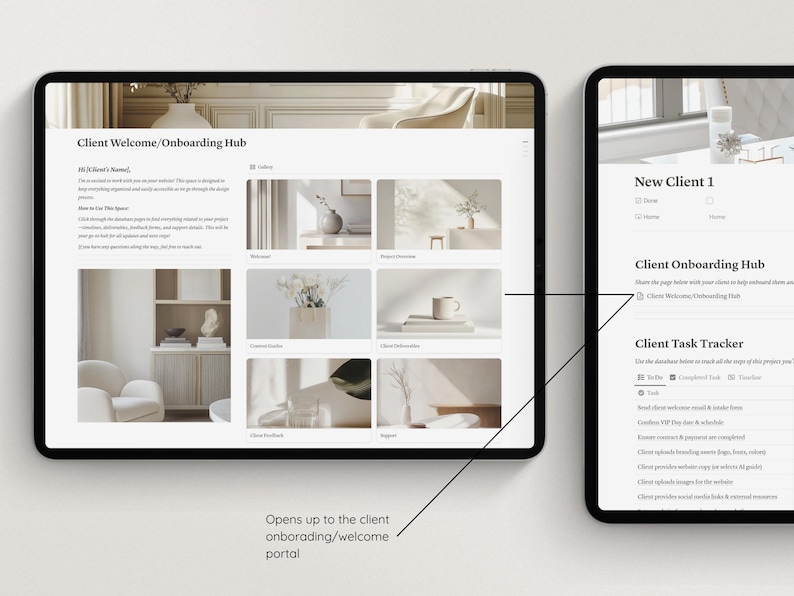 May include: Two screenshots of a computer screen showing a client onboarding hub. The first screenshot shows a client welcome page with a gallery of images. The second screenshot shows a client onboarding hub with a client task tracker.