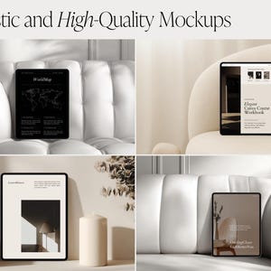 May include: A collection of four digital tablet mockups. Each tablet displays a different design, including a world map, a course workbook, and architectural and interior design concepts. The tablets are placed on a white sofa and a stack of books.