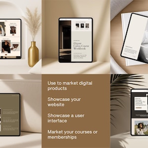 May include: A collection of digital devices displaying website and course content. The devices include a tablet, a phone, and a laptop. The image also includes a gold vase with dried plants and text that reads "Use to market digital products."