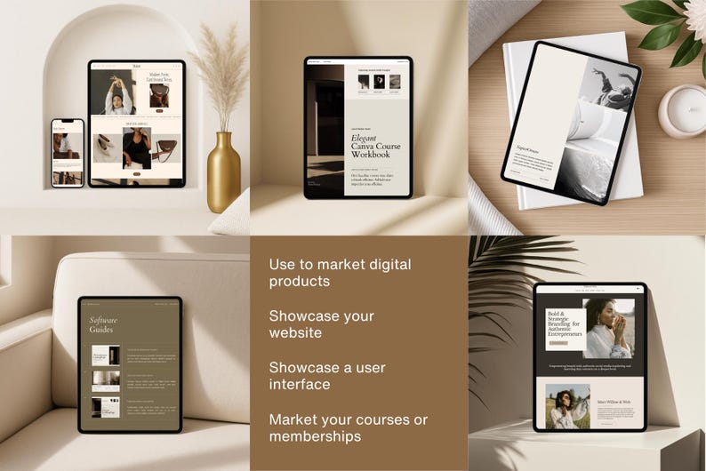 May include: A collection of digital devices displaying website and course content. The devices include a tablet, a phone, and a laptop. The image also includes a gold vase with dried plants and text that reads "Use to market digital products."