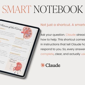 May include: A digital tablet displaying the text "SMART NOTEBOOK" and medical diagrams of the kidney. The text reads "Arteries of the Kidney" and "Claude" is the brand name. The background is a light beige color.