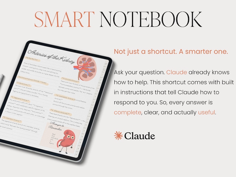 May include: A digital tablet displaying the text "SMART NOTEBOOK" and medical diagrams of the kidney. The text reads "Arteries of the Kidney" and "Claude" is the brand name. The background is a light beige color.