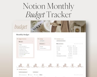 Könnte beinhalten: Eine digitale Notion-Vorlage für die monatliche Budgetverfolgung. Das Bild zeigt eine digitale Tabelle mit Abschnitten für Monatsbudget, Ersparnisse und Einkommen. Der Text "Notion Monthly Budget Tracker" steht oben.