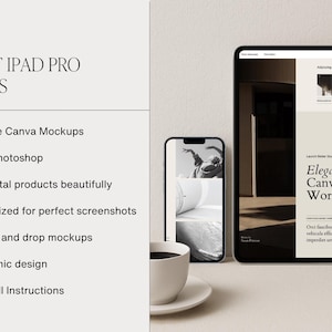 May include: An iPad Pro mockup with the text "Elegant Canva Course Workbook" on the screen. A smartphone and a cup of coffee are also visible. The image also includes the text "50 Easy to Use Canva Mockups".