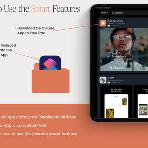 May include: A digital tablet displaying app store content, including the Claude app, with instructions on how to use smart features. Text reads "How to Use the Smart Features" and details on downloading and installing apps.