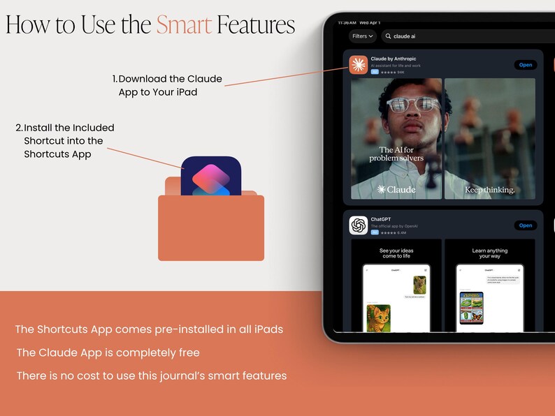 May include: A digital tablet displaying app store content, including the Claude app, with instructions on how to use smart features. Text reads "How to Use the Smart Features" and details on downloading and installing apps.