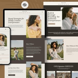 May include: A website design displayed on a laptop, tablet, and smartphone. The design features a neutral color palette with images of a woman and text that reads "Brand Strategies for Wildly Creative Entrepreneurs" and "Bold & Strategic Branding for Authentic Entrepreneurs."