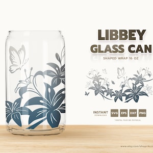Lilie & Schmetterling LIBBEY GLAS DOSE | Bierglas 16 g | Cup Wrap | Svg Dateien für Cricut | Druck und Schnitt | Digitaler Download