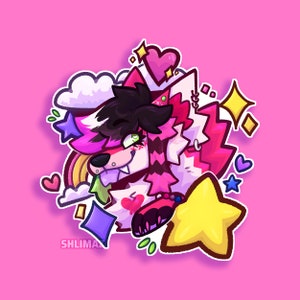 May include: A cartoon illustration of a wolf-like character with pink and white fur, black hair, and green eyes. The image includes hearts, stars, a rainbow, and the text "SHLIMA" on a pink background.