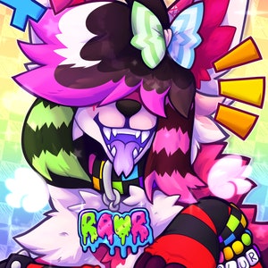 May include: A colorful cartoon illustration of a furry character with pink, white, black, and green fur. The character has a collar with the word "RAWR" on a tag. A blue cross is in the upper left corner, and a butterfly bow adorns the head.