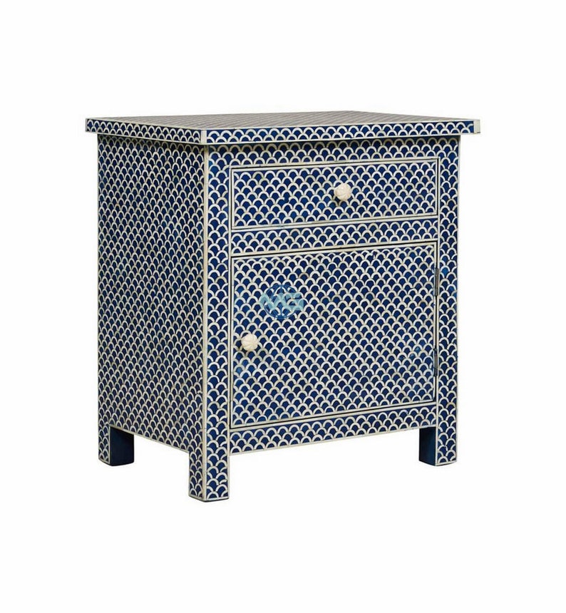 Handmade Bone Inlay Wooden Modern Fish Scale Pattern Bedside Nightstand Furniture with 1 Drawer and 1 Door .