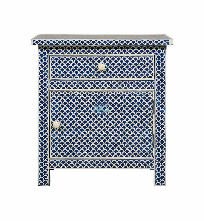 Handmade Bone Inlay Wooden Modern Fish Scale Pattern Bedside Nightstand Furniture with 1 Drawer and 1 Door .