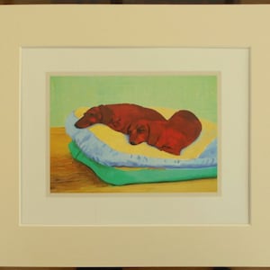David HOCKNEY SLEEPING DOGS (Dachshund) Print in 12&quot; x 10&quot; Ivory Mount 8