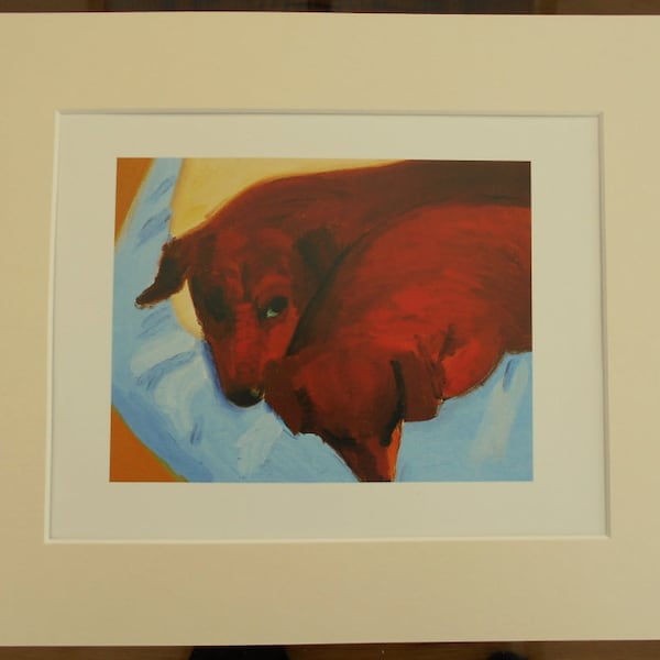 David HOCKNEY SLEEPING Dogs (teckel)-print van 12 x 10 inch met ivoorkleurig montuur 2