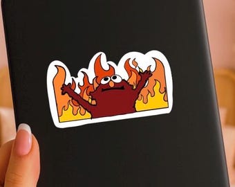 Elmo in Fire Vinyl Sticker, Hand Drawn Meme Die Cut Decal