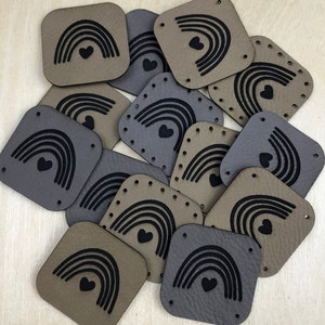 Rainbow label made of grey, beige and brown artificial leather for sewing on/ patches/