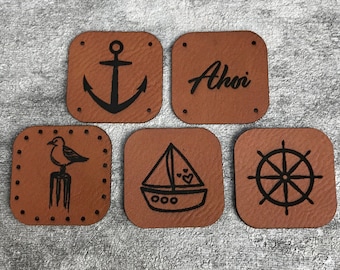 Maritime label/patches made of brown faux leather for sewing on