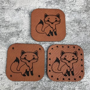 Brown faux leather label with a fox motif/ patch/ patches/ label/ children&#39;s clothing/ label for sewing/ forest animals