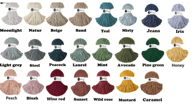 May include: A collection of 24 spools of cotton rope in various colors, including moonlight, natur, beige, sand, teal, misty, jeans, iris, light grey, steel, peacock, laurel, mint, avocado, pine green, honey, peach, blush, wine red, sunset, wild rose, mustard, and caramel.