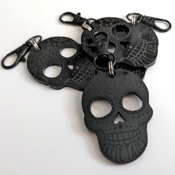 SkeleTales Black Laser Cut Sugar Skull Keychain, Key Ring, Key Hook