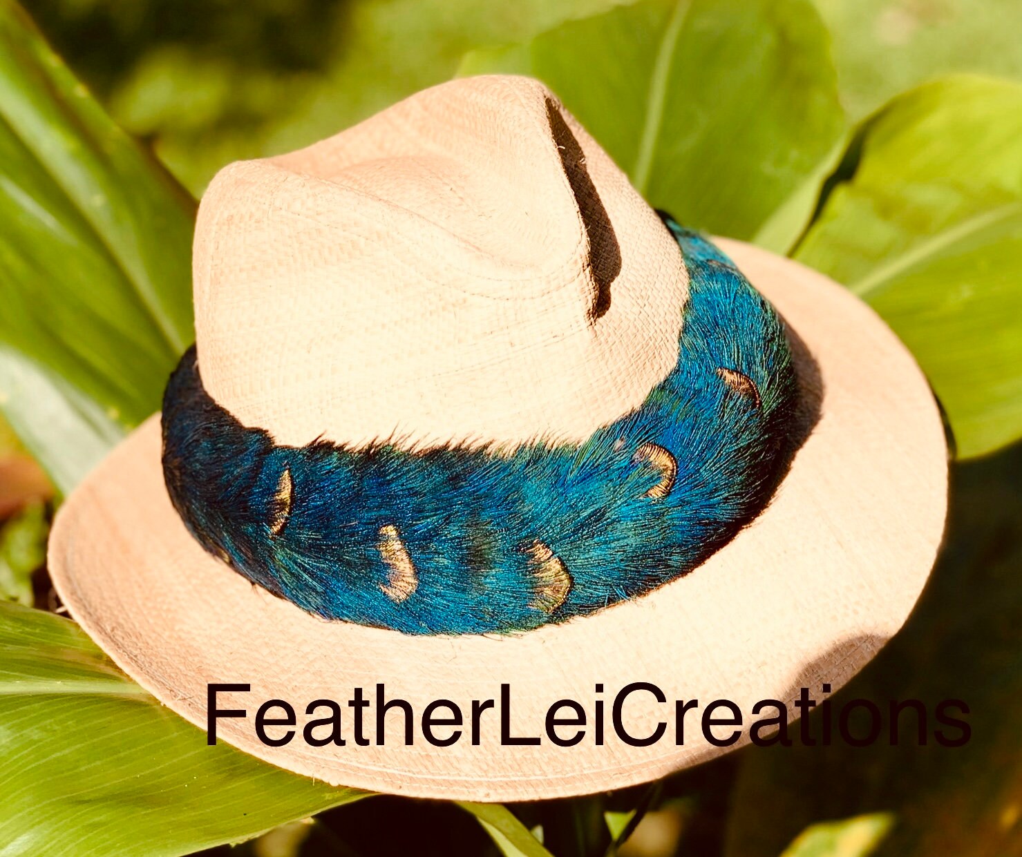 Handmade Peacock Feather Hatband: Blue & Gold Lei Humupapa - Maui