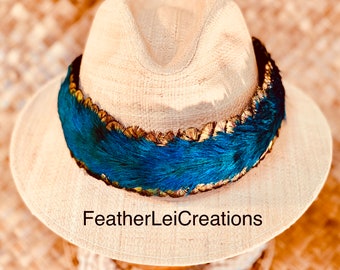 Humu Papale Hawaiian Feather Hat Band Blue Peacock Feather Hatband