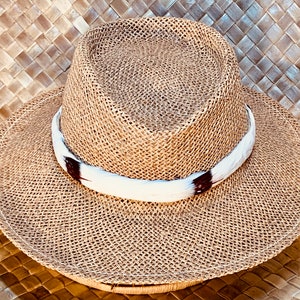 Custom-Hand sewn Lei Humupapa Hatband-white Goose Coquille with accents of Guinea, Golden Pheasant Feather Lei, hand made on Maui, Hawaii.