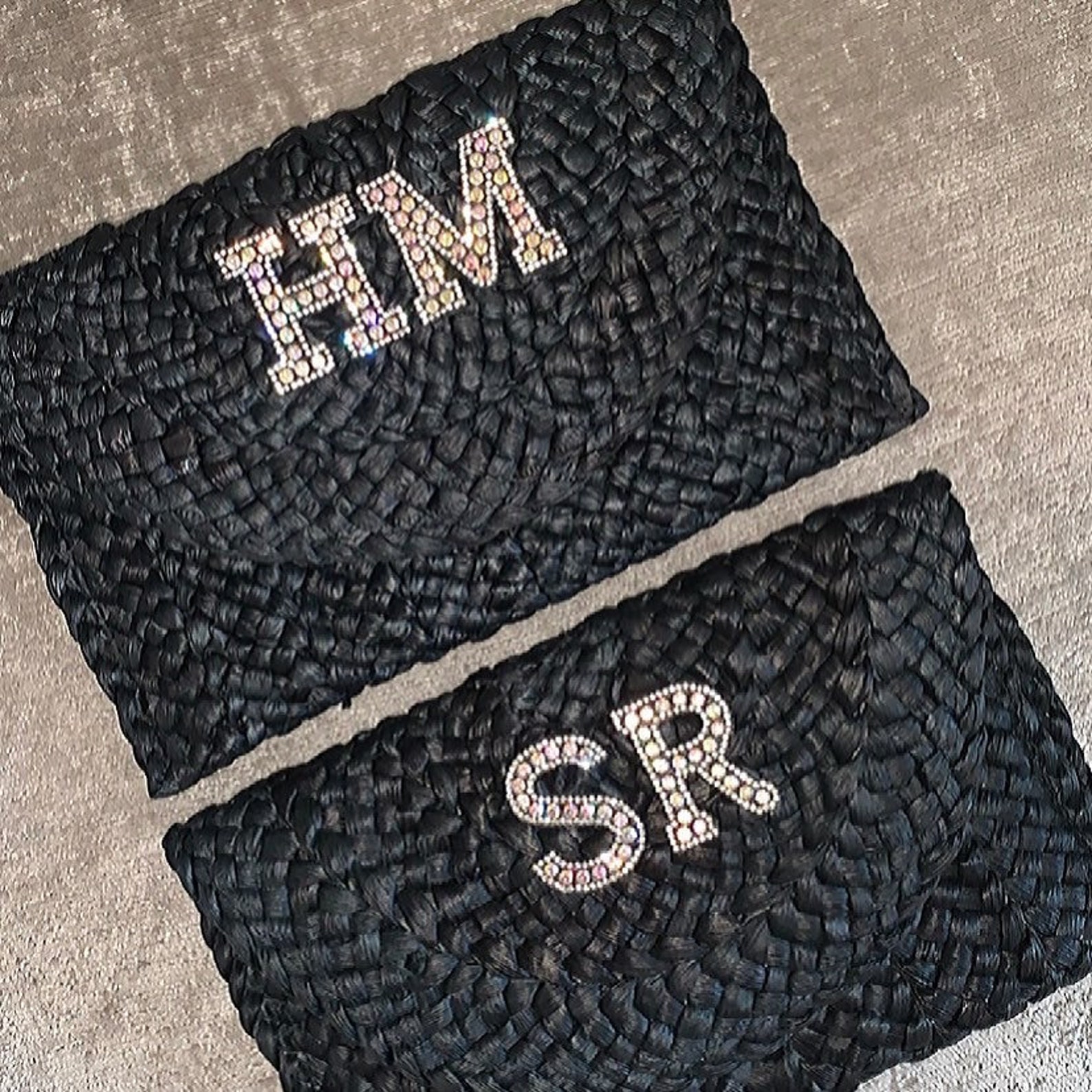 Personalised initial black straw clutch bag perfect for Etsy