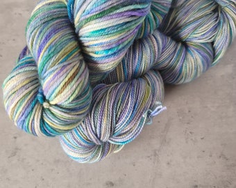 Hand Dyed Yarn Butterfly, Soft yellow and green with purple and heliotrope