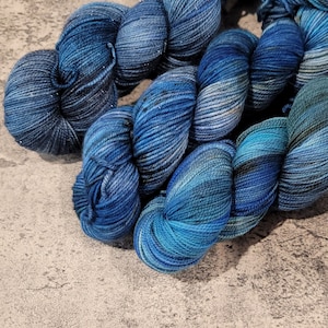 Hand Dyed Yarn, Blues and Jazz, blue variegated yarn blue, black and aqua, Sock Yarn, Wool Yarn, Merino Yarn