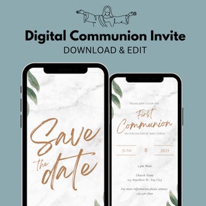 May include: Digital save the date invitation for a First Holy Communion. The invitation features a marble background with green leaves and gold text that says "Save the Date" and "First Holy Communion". The invitation also includes the date, time, and location of the event.