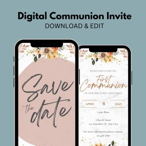 Faire-part de première communion numérique pour envoyer des SMS, modèle animé baptême et communion, téléchargement immédiat, invitation à un événement catholique